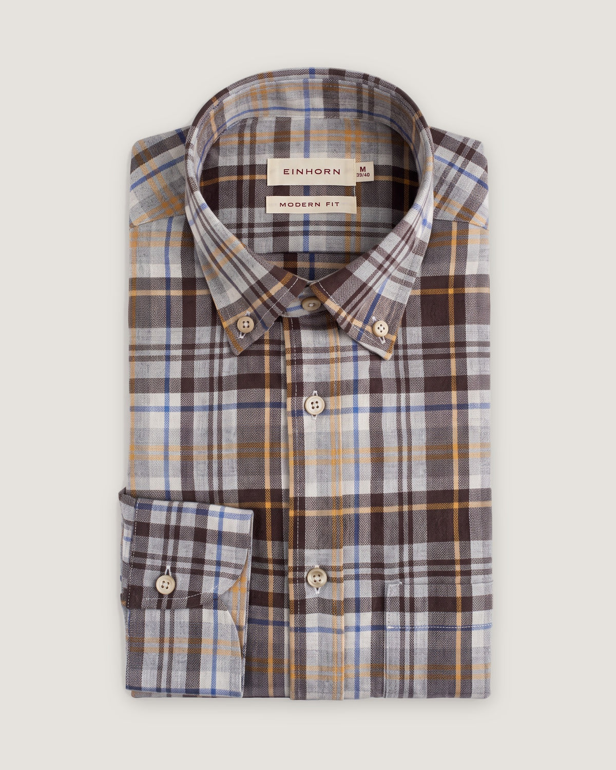 Hemd Modern Fit Flanell Check Braun/Gelb mit Button Down und Brusttasche