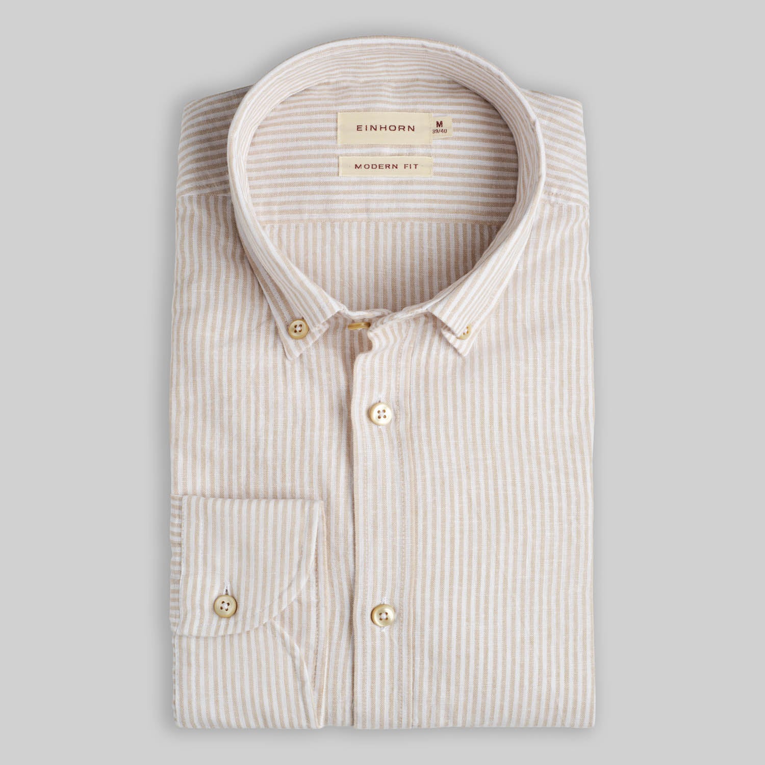 Hemd Modern Fit Leinen Streifen Beige mit Button Down