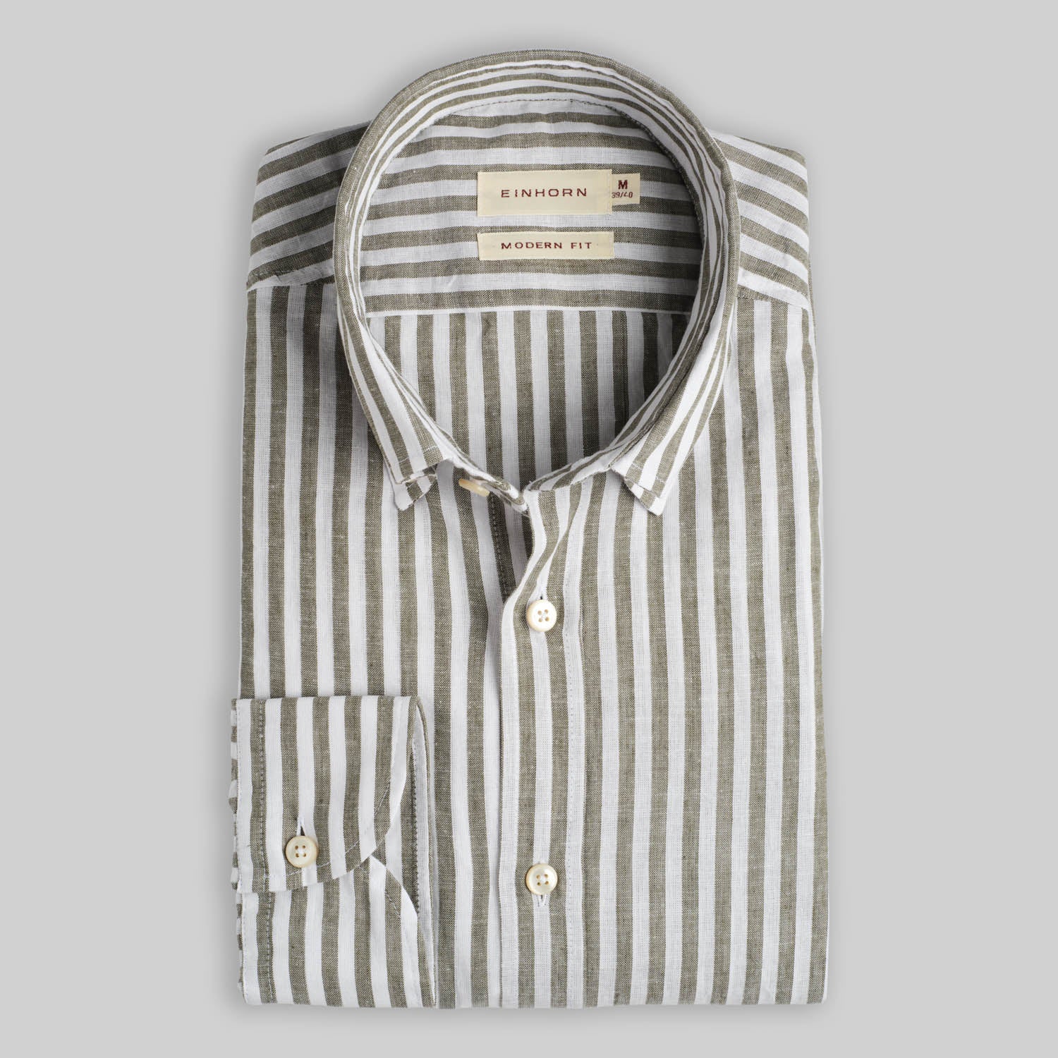 Hemd Modern Fit Leinen Button Down Streifen Olive