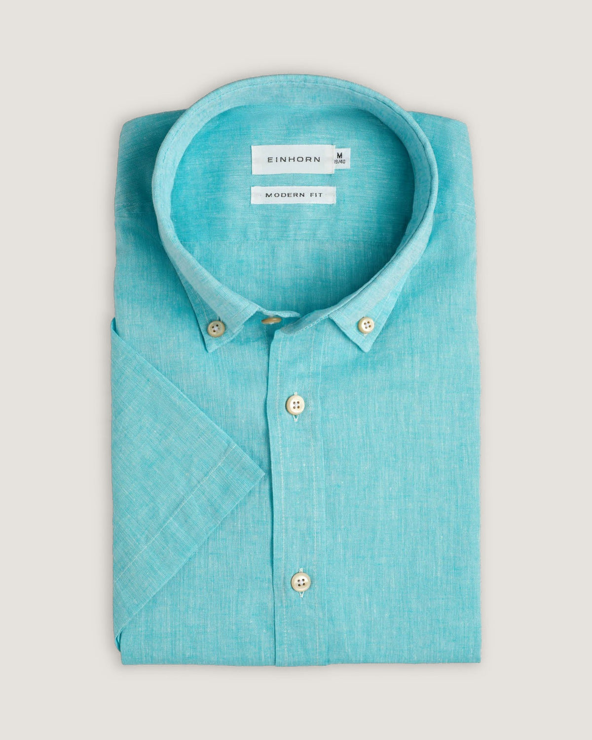 Kurzarm-Leinenhemd Modern Fit Button Down Türkis – Detailansicht