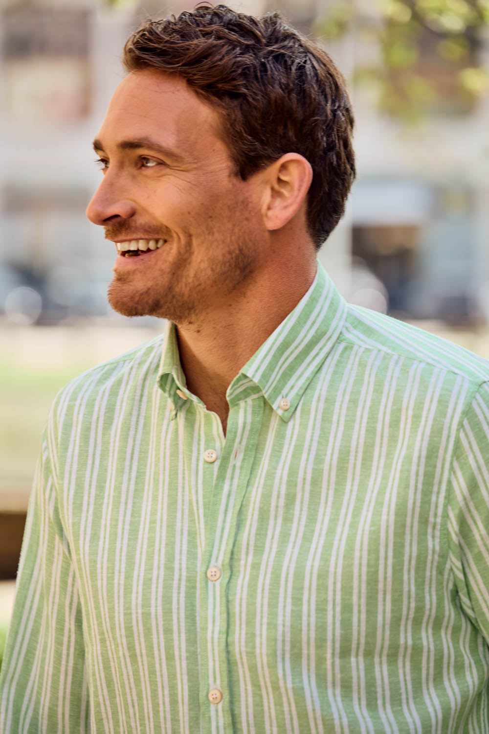 Hemd Modern Fit Leinen Button Down Streifen Grün