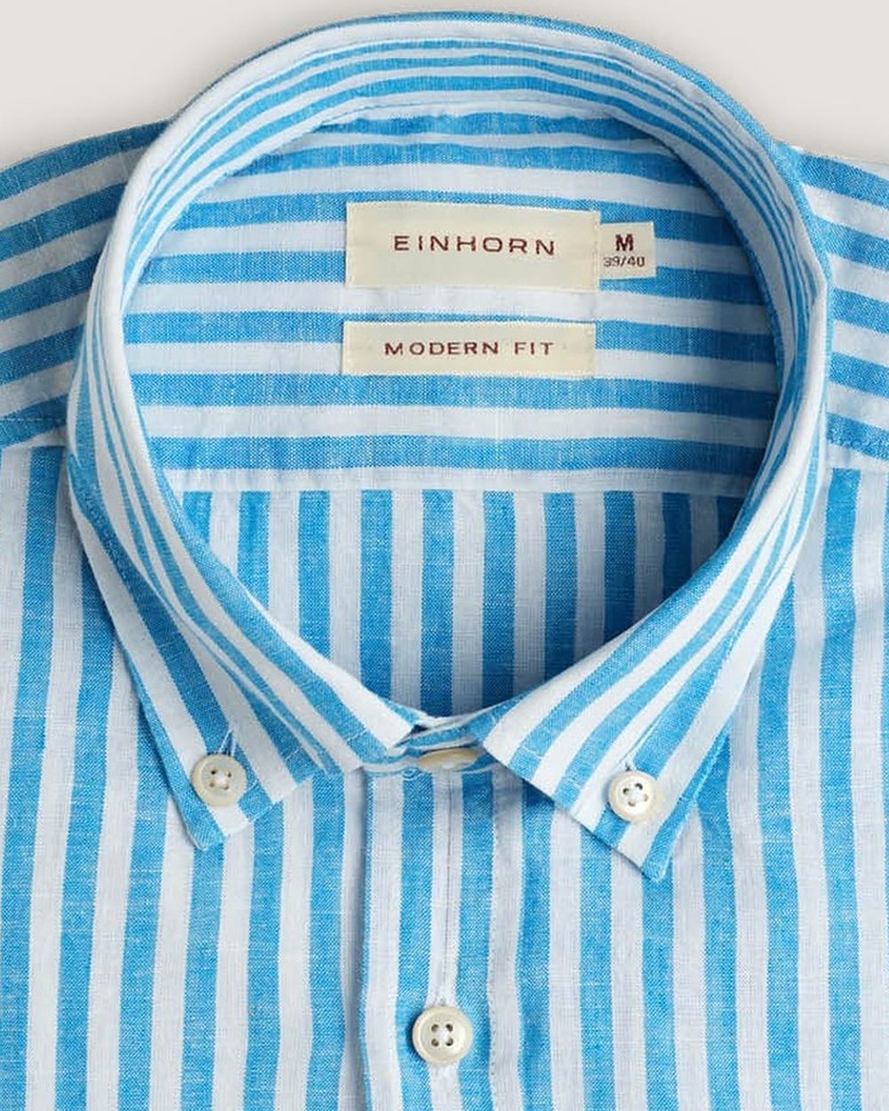 Leinenhemd Modern Fit Button Down Aqua Gestreift, Detail Kragen