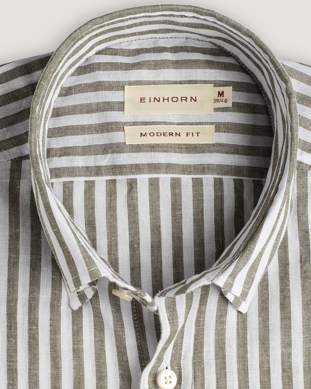 Leinenhemd Modern Fit Button Down Olive Gestreift, Detail Kragen