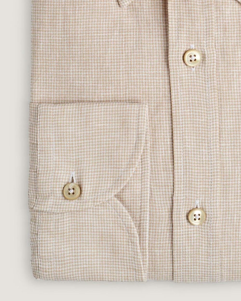 Leinenhemd Modern Fit Button Down Mini-Check Beige, Detail Manschette und Stoff