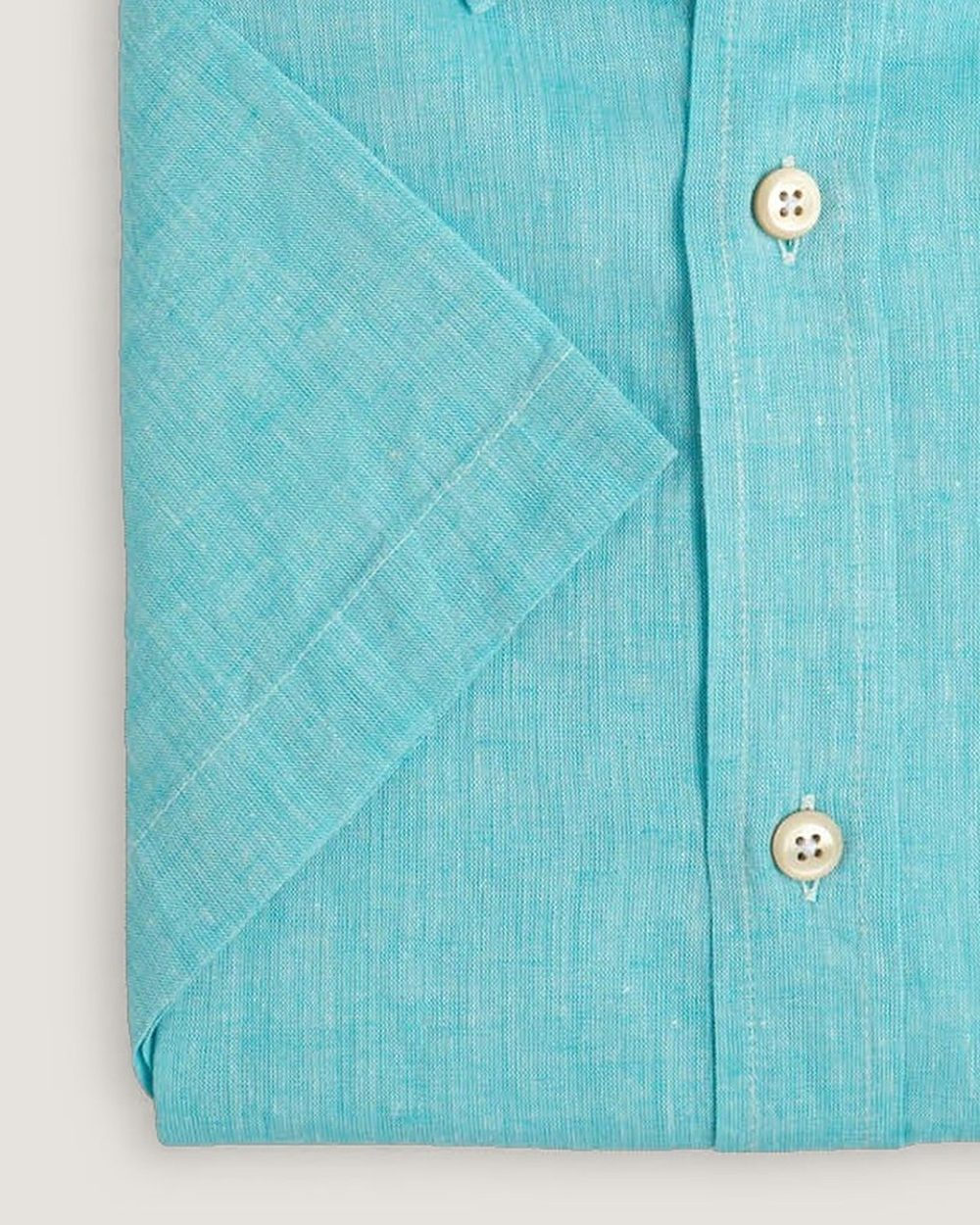 Kurzarm-Leinenhemd Modern Fit Button Down Türkis, Detail Ärmel und Stoff