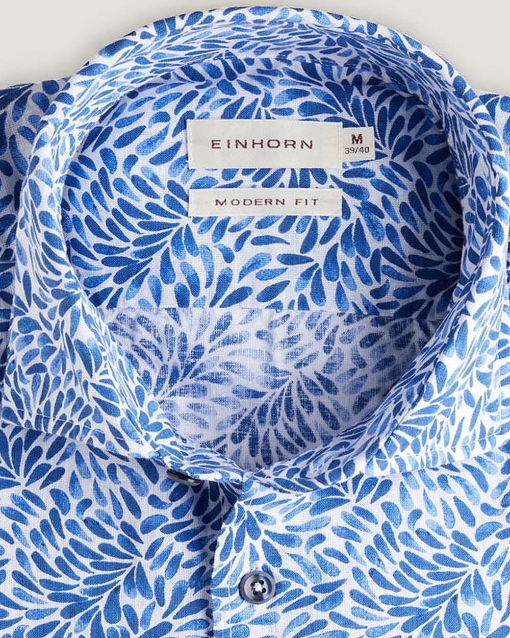 Hemd Modern Fit Leinenmix Blumenprint Hellblau, Detail Kragen