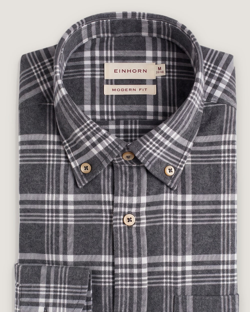 Hemd Modern Fit Flanell Check Grau mit Button Down und Brusttasche, Detail Kragen