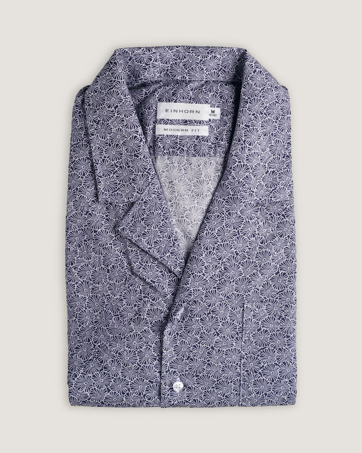 Resort-Hemd Gewaschen Blumenprint Navy/Weiss – Detailansicht
