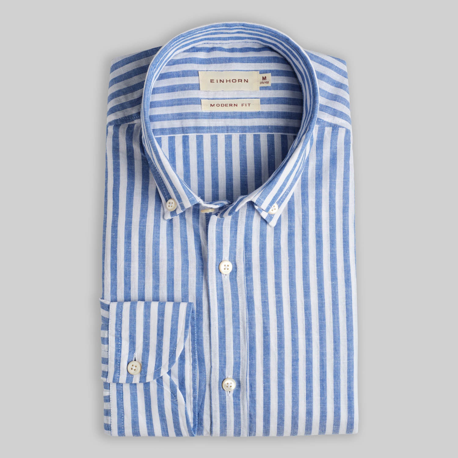 Hemd Modern Fit Gewaschen Leinen Button Down Streifen Navy