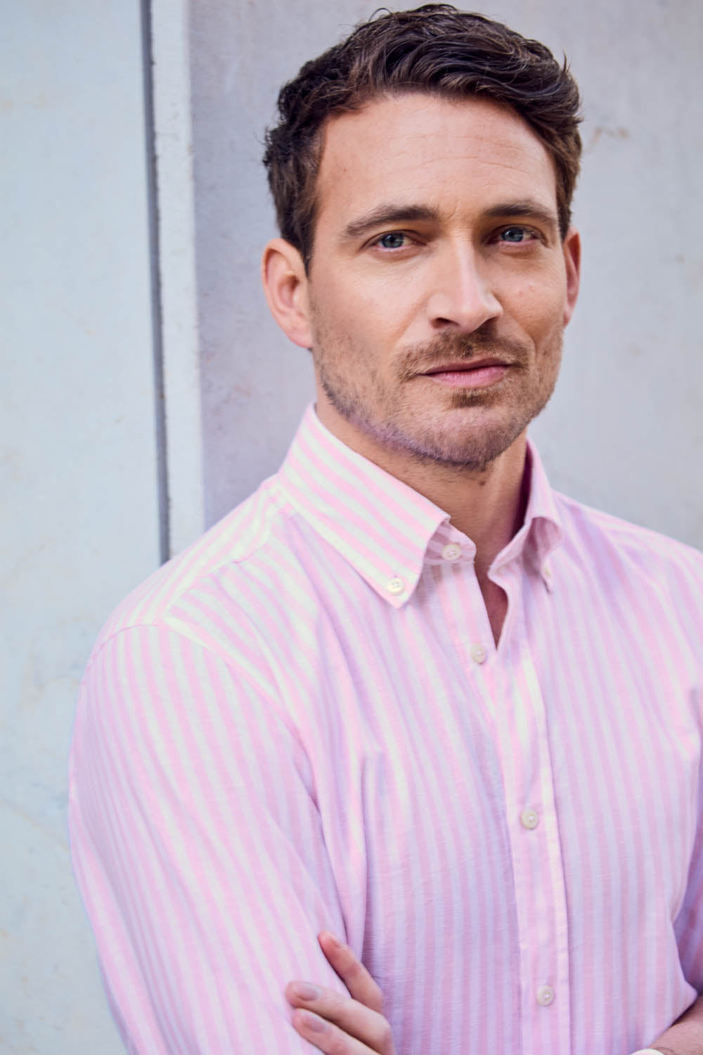 Hemd Modern Fit Leinen Button Down Streifen Rosa