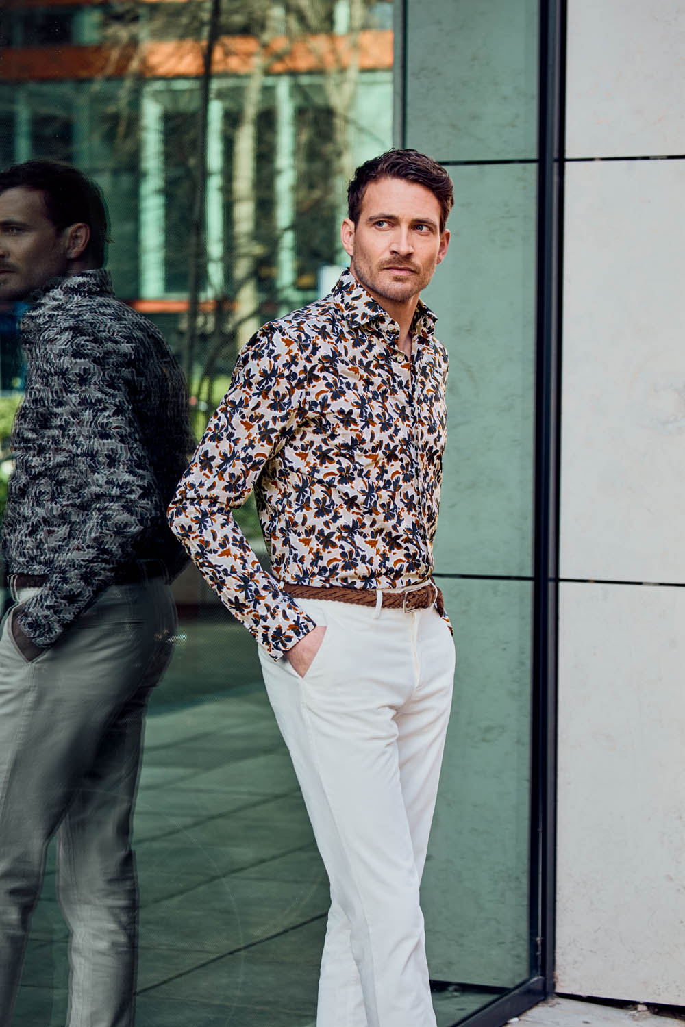 Hemd Modern Fit Gewaschen Floralem Print Navy / Rot