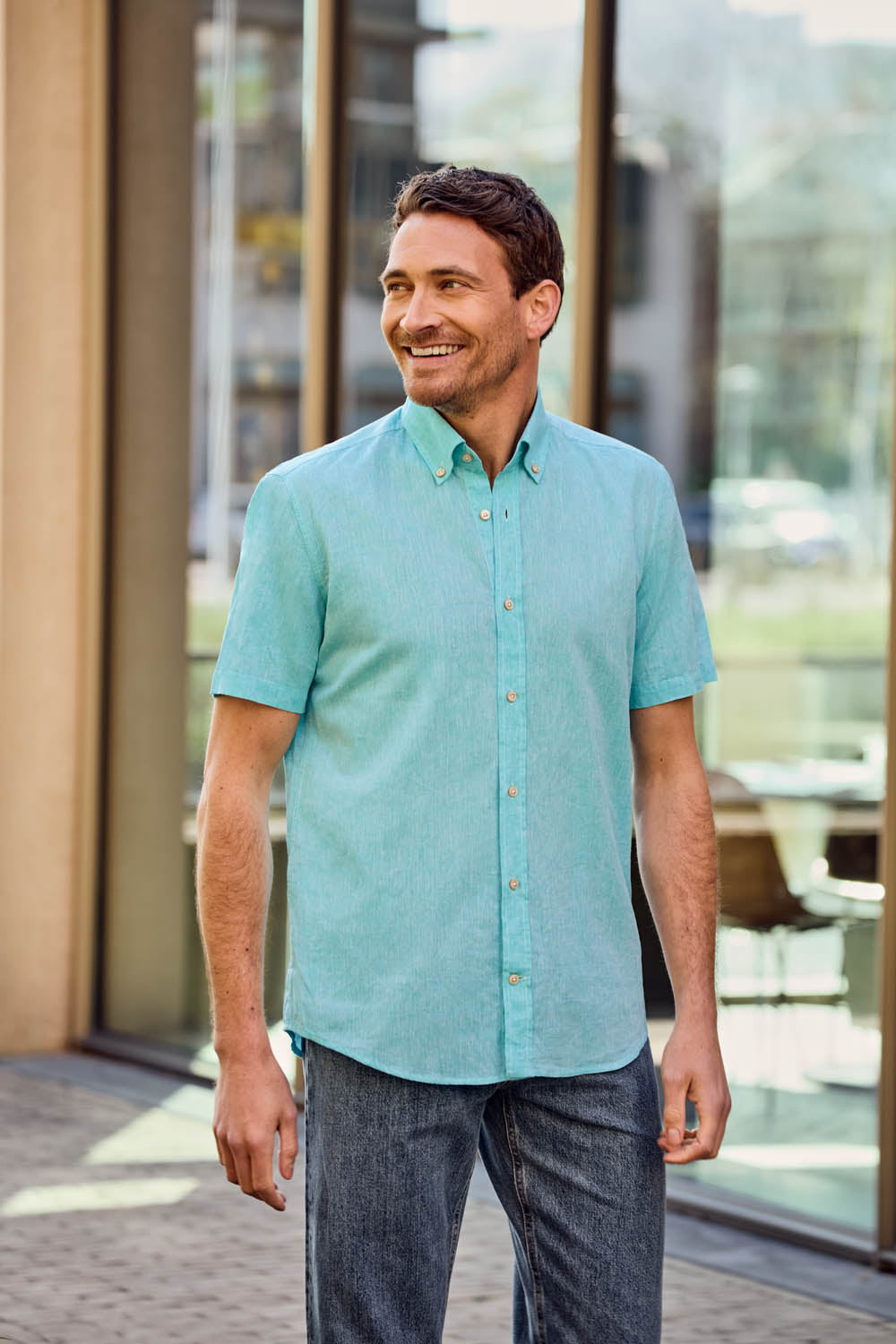 Kurzarmhemd Modern Fit mit Button Down Leinen Türkis
