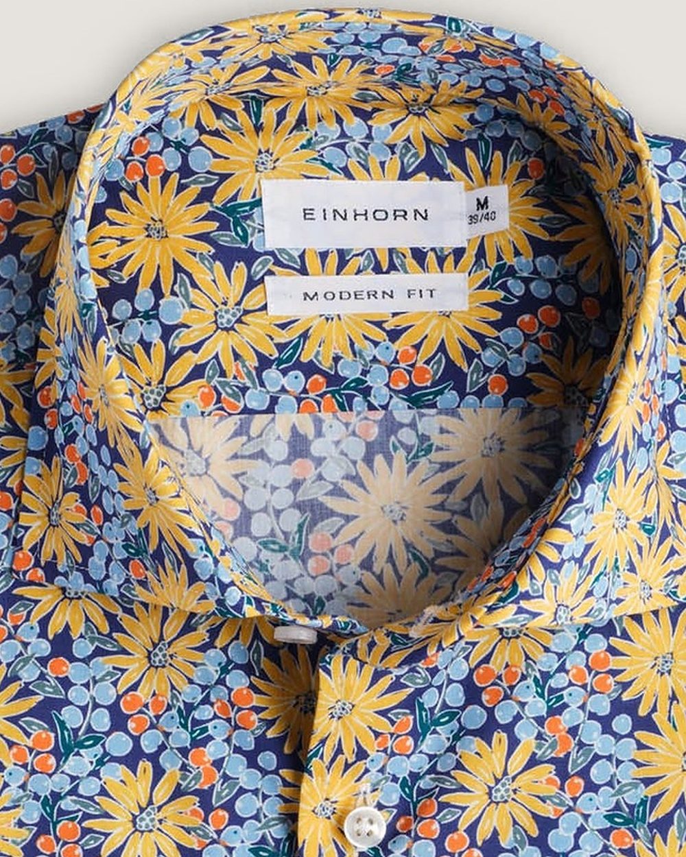 Hemd Modern Fit Gewaschen Blumenprint Navy/Gelb, Detail Kragen