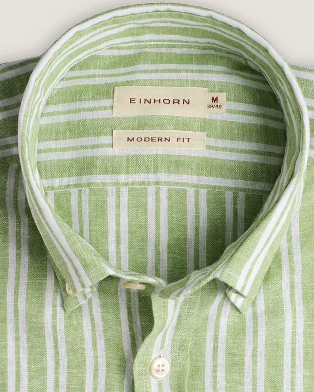 Leinenhemd Modern Fit Button Down Grün Gestreift, Detail Kragen