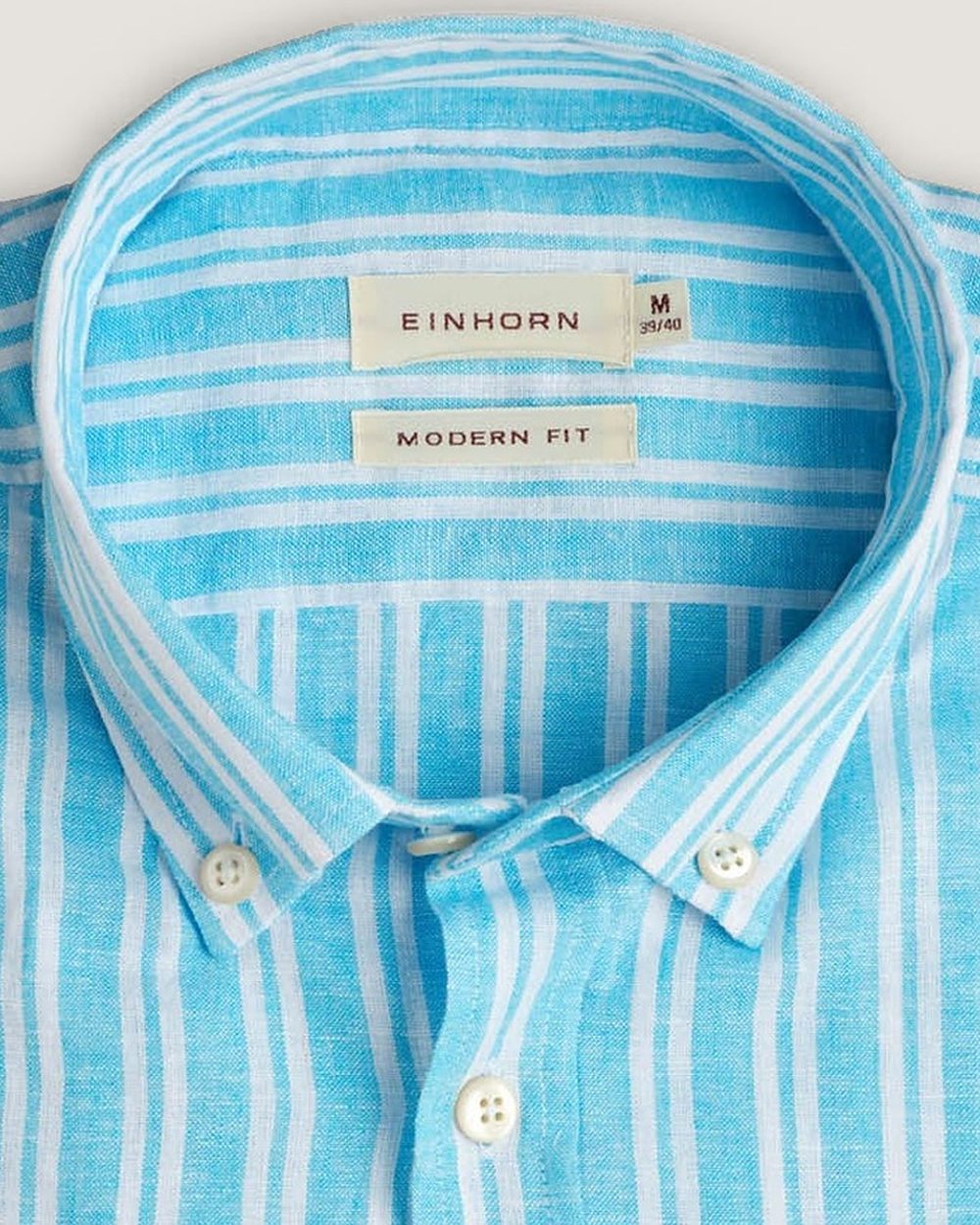 Leinenhemd Modern Fit Button Down Aqua Gestreift, Detail Kragen