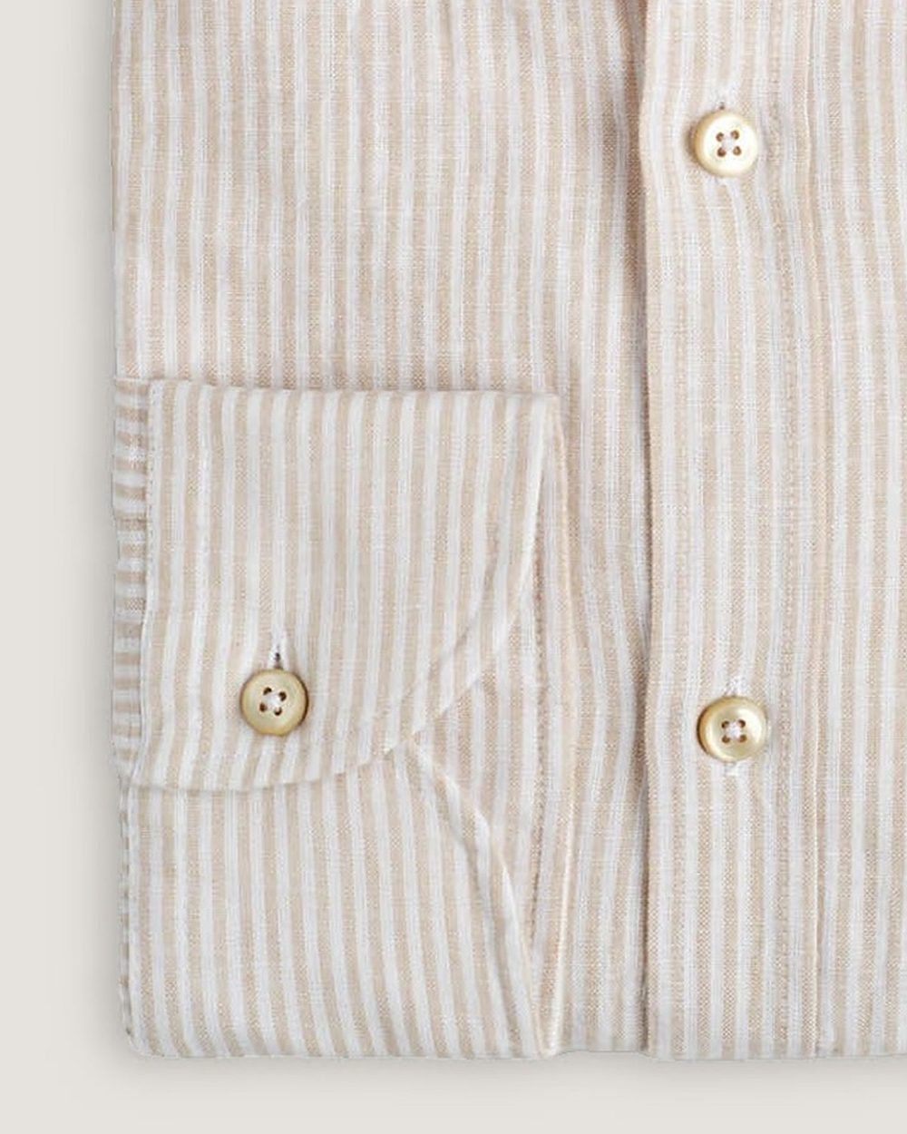 Leinenhemd Modern Fit Button Down Beige Gestreift, Detail Manschette und Stoff