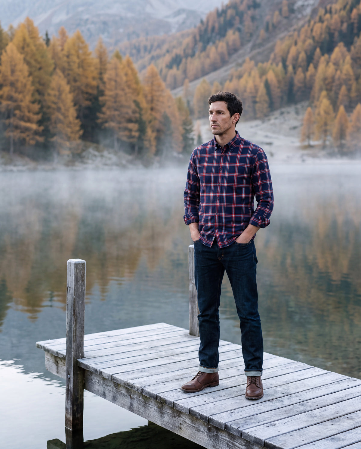 Mann im karierten Einhorn Flanellhemd an einem Bergsee im Herbst