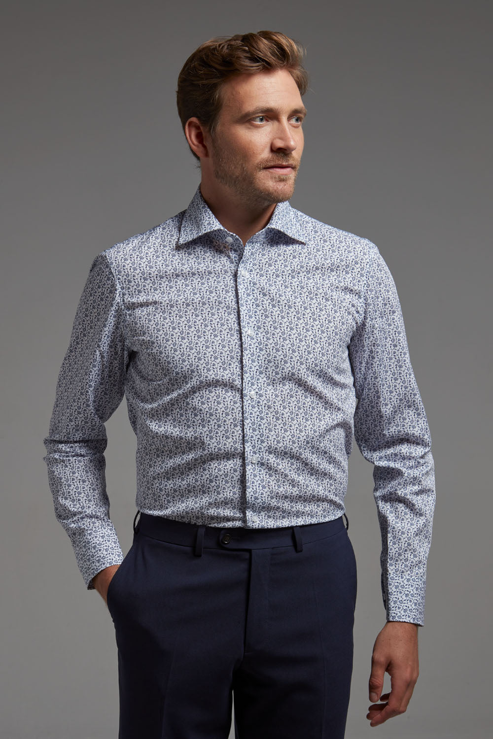 Hemd Modern Fit Blumendruck Blau I Bügelfrei